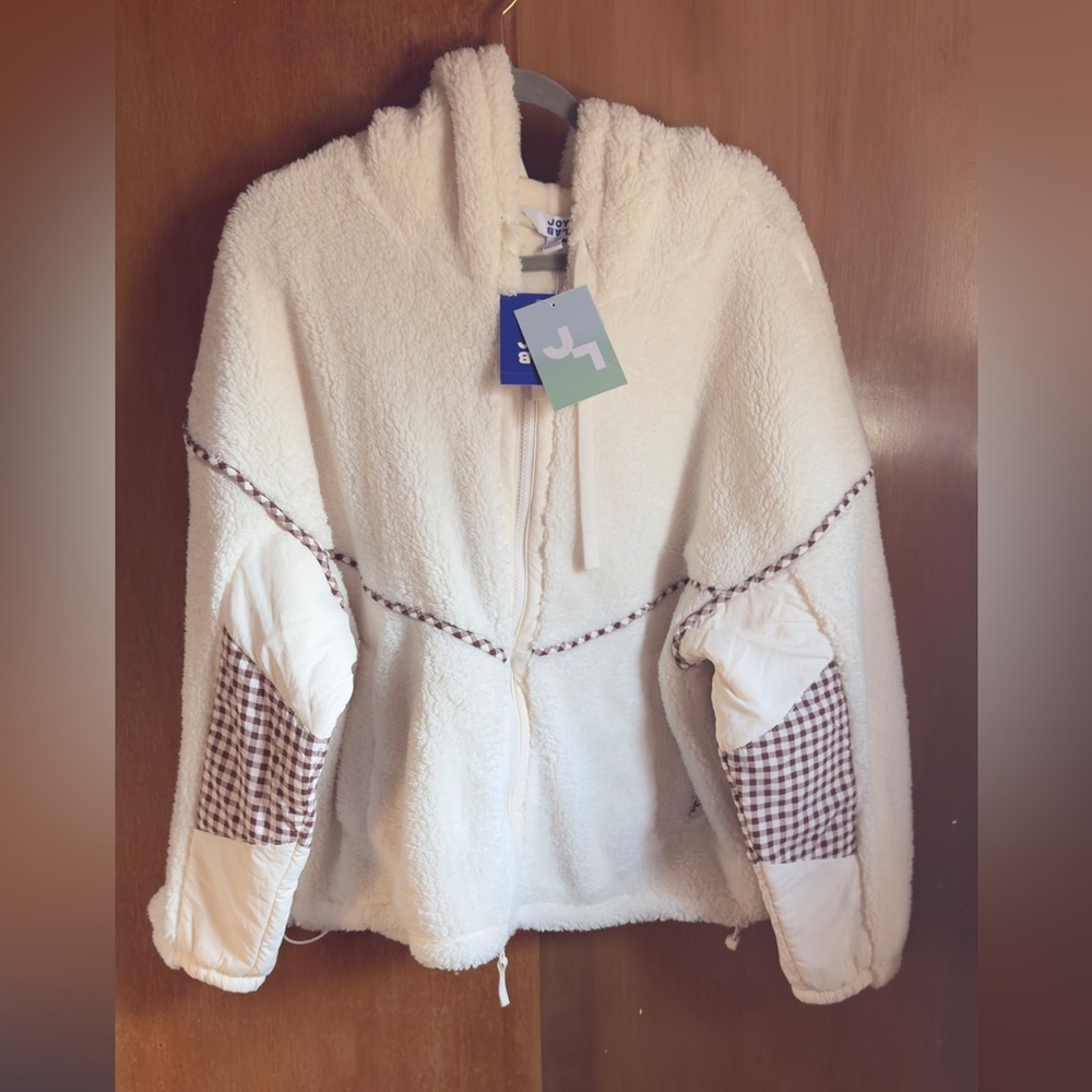 JoyLab Cream Sherpa Zip Hoodie with Gingham Trim - Picture 5 of 6